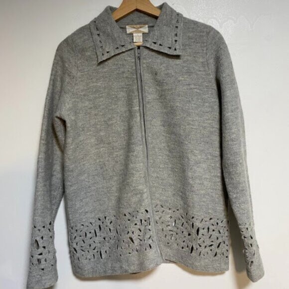 525 America Wool Laser Cut Full Zip Gray Women's Cardigan Sweater Jacket Size M - Picture 3 of 12